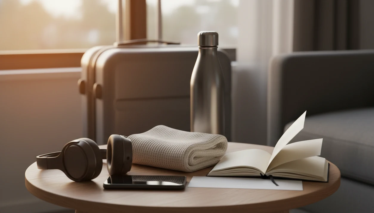 A calm travel-preparation still life with headphones, water, scarf, blank phone, notebook, and suitcase.