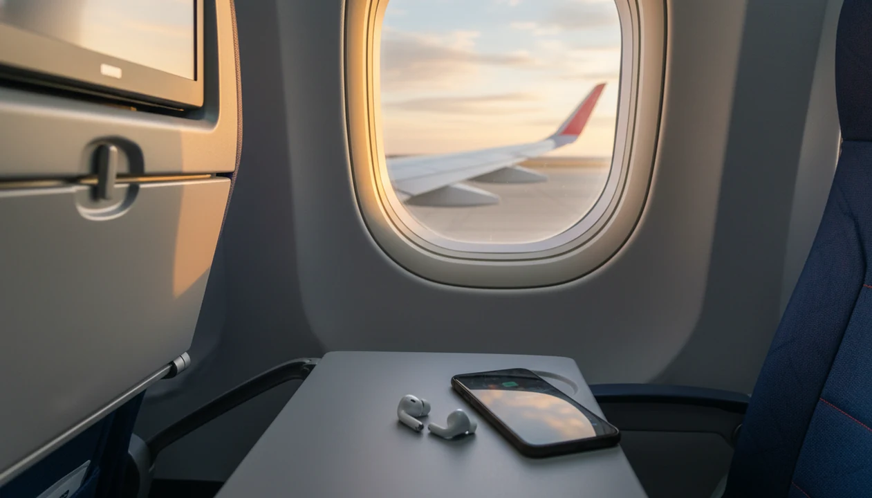 Earbuds and a blurred phone rest by an airplane window before takeoff in calm morning light.
